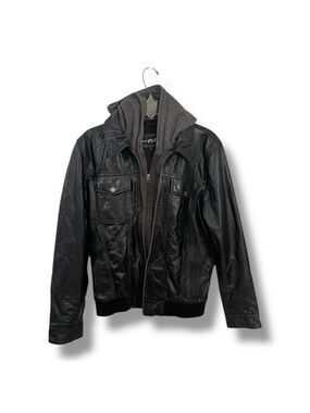 Black Rivet Men’s Leather Bomber Jacket Medium Hooded Moto Quilted Lined